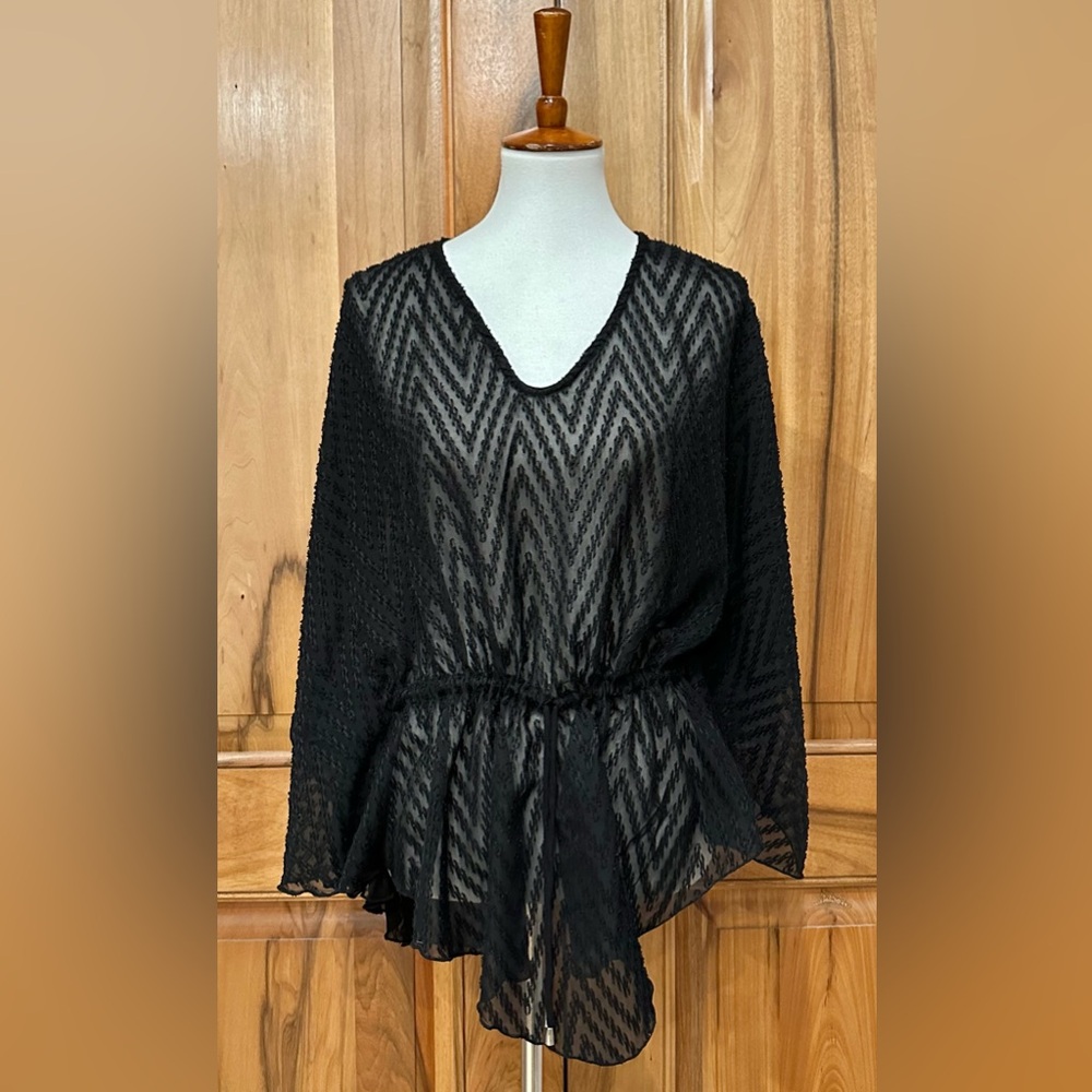 Be - Sheer Black Chevron-Patterned Butterfly-Sleeve Top/Cover-Up EUC L